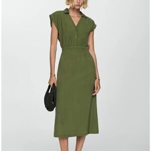 MNG Mango Forest Green Cap Sleeve Modal Button Up Dress Midi Length Women's 4